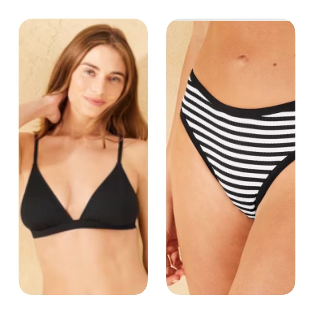 Bikini Set Black and White Ribbed Striped  Women’s Large (12-14)  NWT